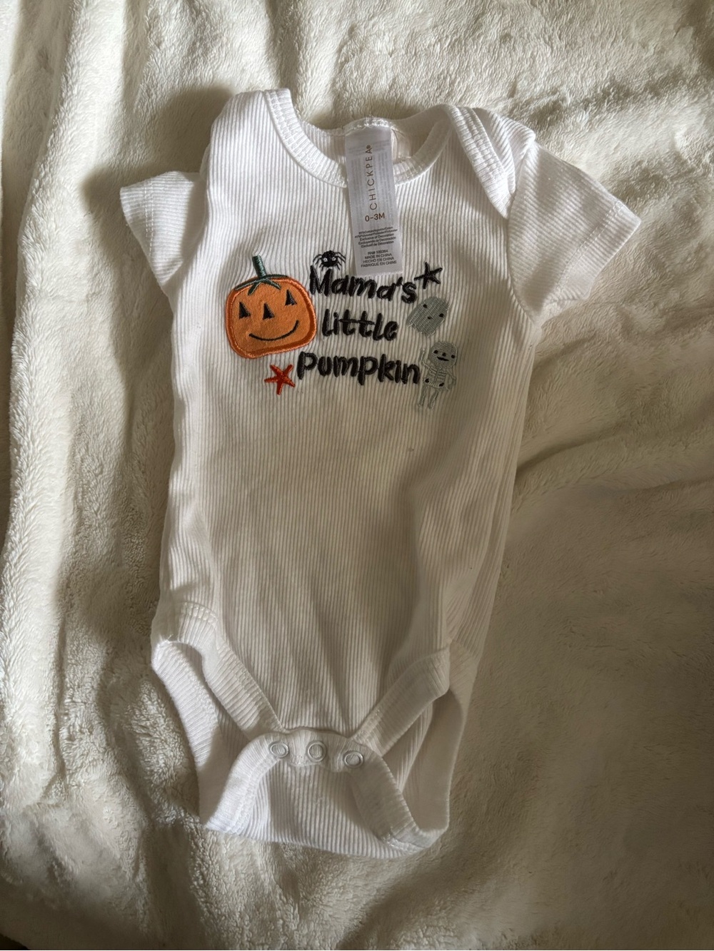 chick pea White Ribbed Bodysuit with Pumpkin Applique
